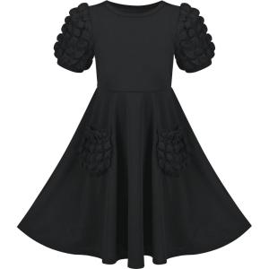 Sunny Fashion Girls Dress Pink Solid A-line Vintage Puff Sleeve Spring Summer(Black)