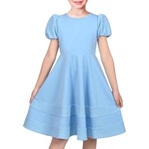 Sunny Fashion Girls Dress Pink Solid A-line Vintage Puff Sleeve Spring Summer(Light Blue)