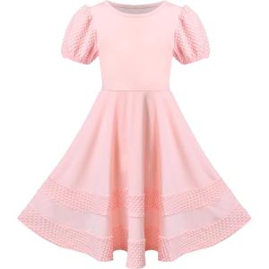 Sunny Fashion Girls Dress Pink Solid A-line Vintage Puff Sleeve Spring Summer(Pink)