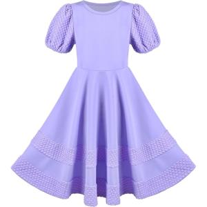 Sunny Fashion Girls Dress Pink Solid A-line Vintage Puff Sleeve Spring Summer(Purple)