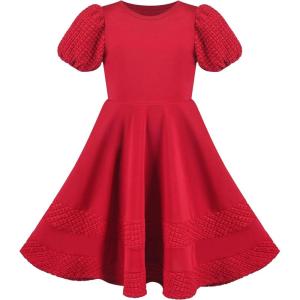 Sunny Fashion Girls Dress Pink Solid A-line Vintage Puff Sleeve Spring Summer(Red)