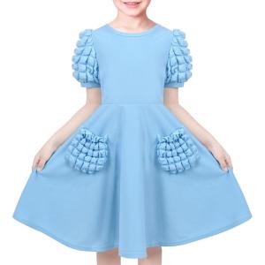 Sunny Fashion Girls Dress Pink Solid A-line Vintage Puff Sleeve Spring Summer(Sky Blue)
