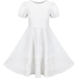Sunny Fashion Girls Dress Pink Solid A-line Vintage Puff Sleeve Spring Summer(White)