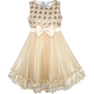 Sunny Fashion Girls Dress Purple Flower White Tulle Pleated Wedding Party(Beige)