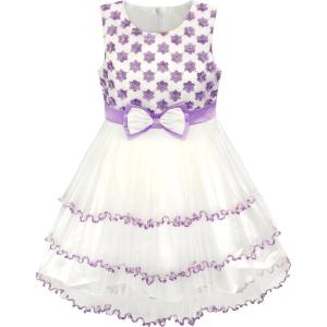 Sunny Fashion Girls Dress Purple Flower White Tulle Pleated Wedding Party(White and Purple)