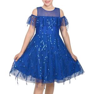Sunny Fashion Girls Dress Purple Off Shoulder Hi-Low Skirt Bridesmaid Size 7-14(Blue Sequin)