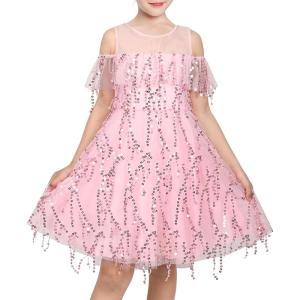 Sunny Fashion Girls Dress Purple Off Shoulder Hi-Low Skirt Bridesmaid Size 7-14(Pink Sequin)