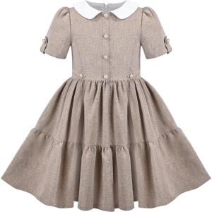 Sunny Fashion Girls Dress Purple Rainbow White Collar Casual Birthday Size 5-10(Brown White Collar)