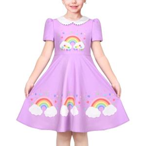 Sunny Fashion Girls Dress Purple Rainbow White Collar Casual Birthday Size 5-10(Purple Rainbow)