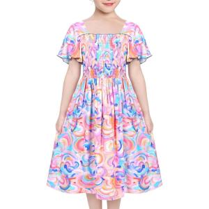 Sunny Fashion Girls Dress Rainbow Colorful Swirl Tie Dye Ruffle Square Neck Casual(Blue Rainbow)
