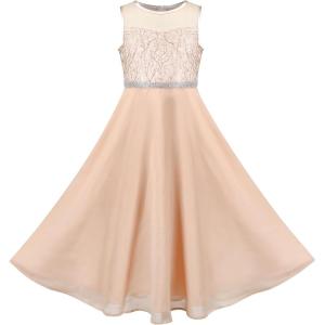 Sunny Fashion Girls Dress Rhinestone Chiffon Bridesmaid Dance Ball Maxi Gown(Beige)