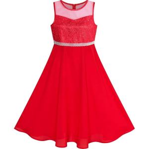 Sunny Fashion Girls Dress Rhinestone Chiffon Bridesmaid Dance Ball Maxi Gown(Red)