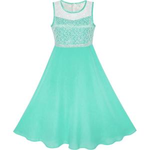 Sunny Fashion Girls Dress Rhinestone Chiffon Bridesmaid Dance Ball Maxi Gown(Turquoise)