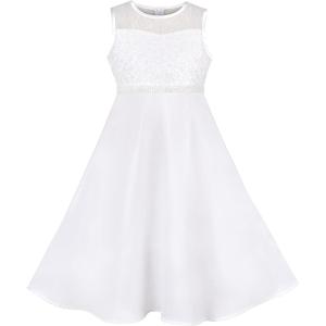 Sunny Fashion Girls Dress Rhinestone Chiffon Bridesmaid Dance Ball Maxi Gown(White)