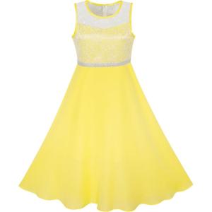 Sunny Fashion Girls Dress Rhinestone Chiffon Bridesmaid Dance Ball Maxi Gown(Yellow)