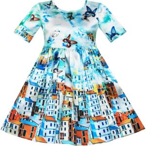 Sunny Fashion Girls Dress Satin Blue Sky City Building Print