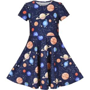 Sunny Fashion Girls Dress Short Sleeve Casual Summer Sundress(Blue Planets)