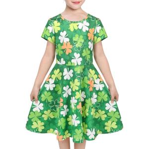 Sunny Fashion Girls Dress Short Sleeve Casual Summer Sundress(Green Four Leaf)