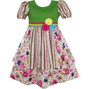 Sunny Fashion Girls Dress Short Sleeve Princess Flower Print Green Size 4-10