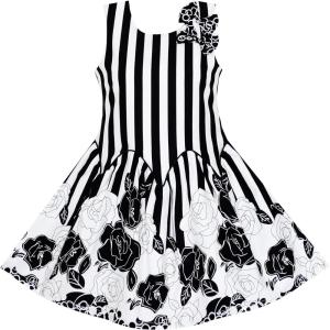 Sunny Fashion Girls Dress Sleeveless Black White Stripes Flower Bow Tie
