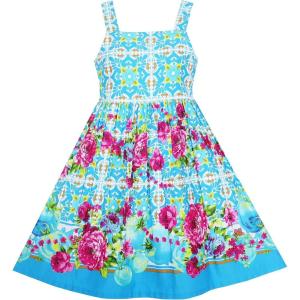 Sunny Fashion Girls Dress Sleeveless Halter Peony Flower Print Blue Pink