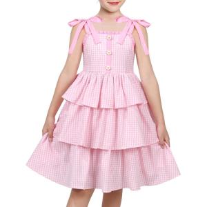 Sunny Fashion Girls Dress Spaghetti Gingham Ruffle Light Yellow Plaid Casual(Pink)