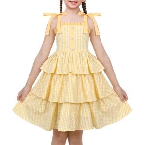 Sunny Fashion Girls Dress Spaghetti Gingham Ruffle Light Yellow Plaid Casual(Yellow)