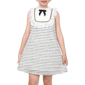 Sunny Fashion Girls Dress Striped Crochet Tweed Lace Trim Bow Sleeveless Summer Holiday Casual(White)