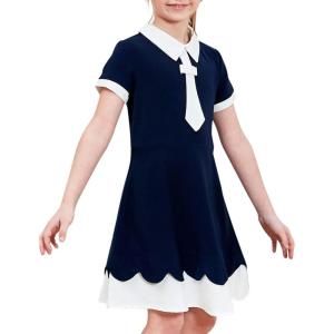 Sunny Fashion Girls Dress Swing School Bow Tie Sailor Collar Short Sleeve(Blue)