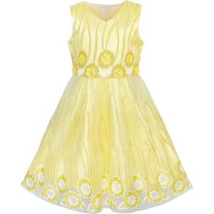 Sunny Fashion Girls Dress Tulle Bridal Lace with Flower Detailing Purple 4-14(Yellow)
