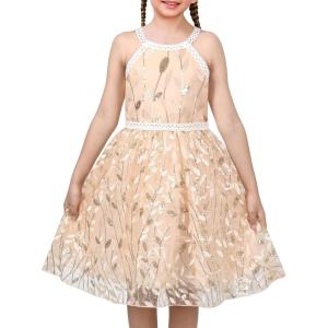 Sunny Fashion Girls Dress Turquoise Embroidered Halter Dress Party(Gold Leaf)