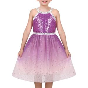 Sunny Fashion Girls Dress Turquoise Embroidered Halter Dress Party(Lavender)