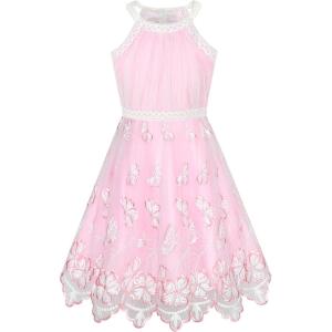 Sunny Fashion Girls Dress Turquoise Embroidered Halter Dress Party(Pink)