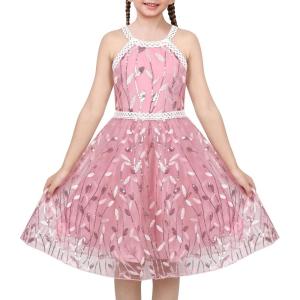 Sunny Fashion Girls Dress Turquoise Embroidered Halter Dress Party(Pink Leaf)