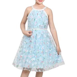 Sunny Fashion Girls Dress Turquoise Embroidered Halter Dress Party(Sky Blue Lace)