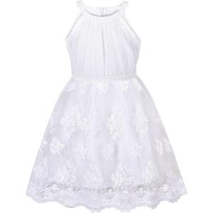 Sunny Fashion Girls Dress Turquoise Embroidered Halter Dress Party(White)