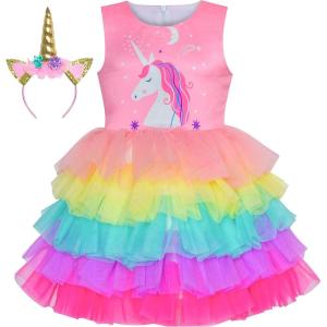 Sunny Fashion Girls Dress Unicorn Rainbow Tulle Unicorn Headband Party Size 4-10(Pink Rainbow Set)
