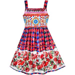 Sunny Fashion Girls Dress Vintage Flower Print Fit and Flare Birthday Dress