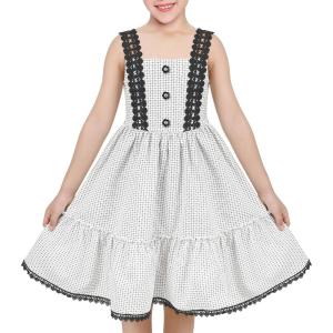 Sunny Fashion Girls Dress White Black Plaid 1950s Vintage Strap Sleeveless Casual(Black)