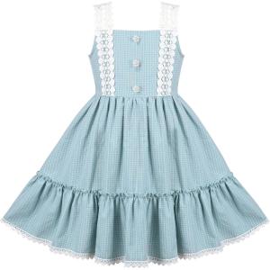 Sunny Fashion Girls Dress White Black Plaid 1950s Vintage Strap Sleeveless Casual(Blue)