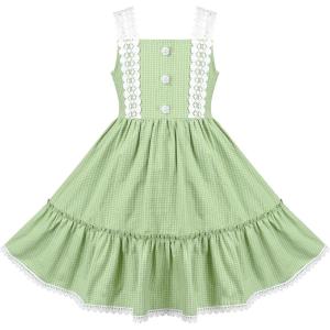 Sunny Fashion Girls Dress White Black Plaid 1950s Vintage Strap Sleeveless Casual(Green)