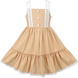 Sunny Fashion Girls Dress White Black Plaid 1950s Vintage Strap Sleeveless Casual(Yellow)