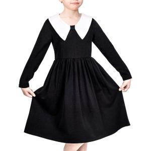 Sunny Fashion Girls Dress White Collar Long Sleeve Daily Cozy Cotton Casual Dress Size 5-10(Black)