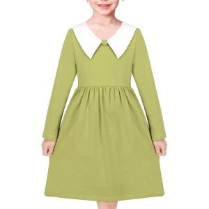Sunny Fashion Girls Dress White Collar Long Sleeve Daily Cozy Cotton Casual Dress Size 5-10(Green)