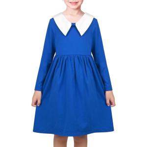 Sunny Fashion Girls Dress White Collar Long Sleeve Daily Cozy Cotton Casual Dress Size 5-10(Navy Blue)