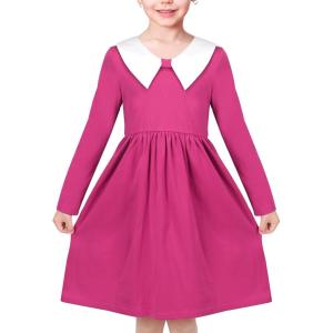Sunny Fashion Girls Dress White Collar Long Sleeve Daily Cozy Cotton Casual Dress Size 5-10(Pink White Collar)