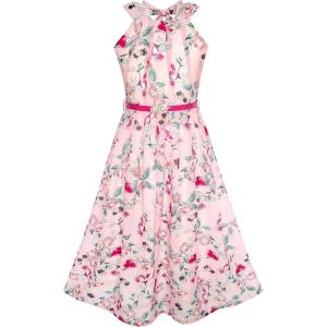 Sunny Fashion Girls Dress Yellow Floral Red Belt Chiffon Party Maxi Dress