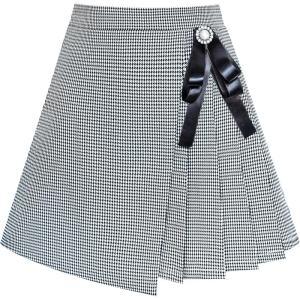 Sunny Fashion Girls Skirt Beige Pleated Bow Tie Back School Uniform Size 6-14(Black Pattern)