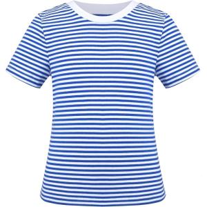 Sunny Fashion Girls T-Shirt Crop Top Brown Lettuce Trim Ribbed Knit Button Casual(Blue Striped)