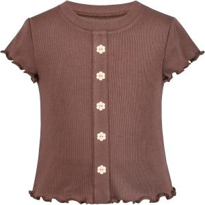 Sunny Fashion Girls T-Shirt Crop Top Brown Lettuce Trim Ribbed Knit Button Casual(Brown)